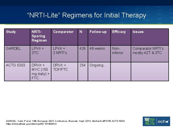 “NRTI-Lite” Regimens for Initial Therapy Study NRTISparing Regimen Comparator N Follow-up Efficacy Issues GARDEL