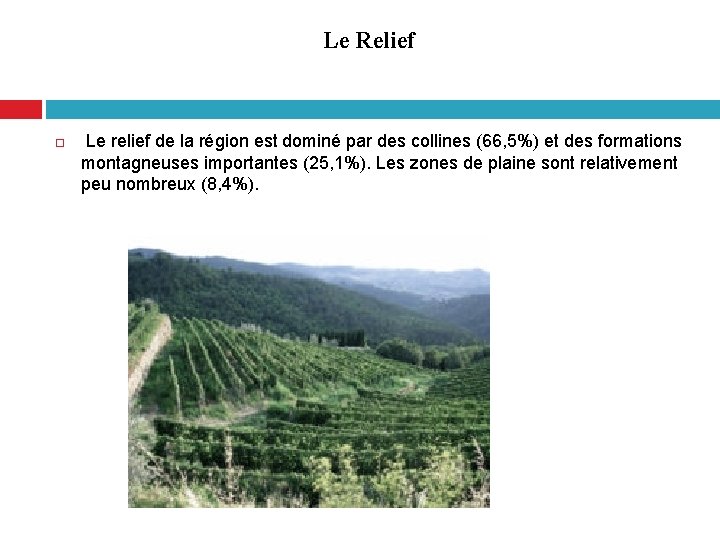 Le Relief Le relief de la région est dominé par des collines (66, 5%)