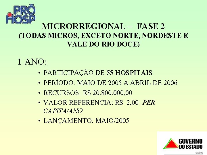 MICRORREGIONAL – FASE 2 (TODAS MICROS, EXCETO NORTE, NORDESTE E VALE DO RIO DOCE)