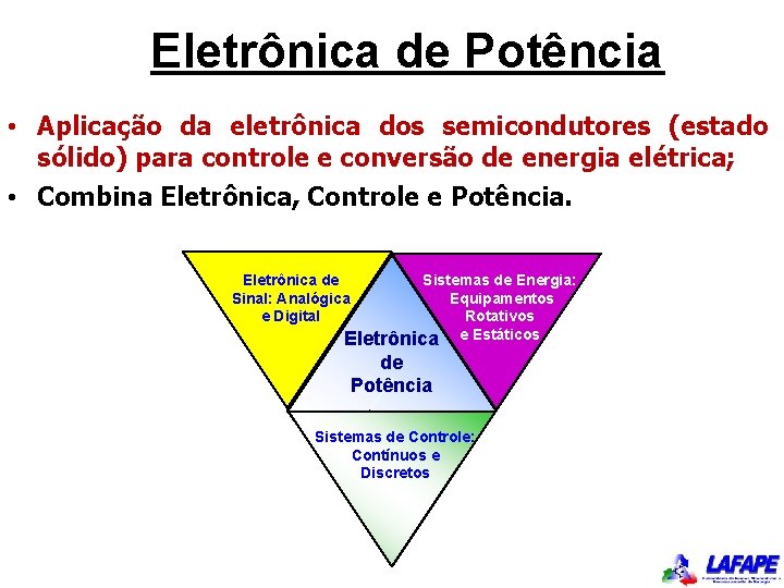 Eletrônica de Potência • Aplicação da eletrônica dos semicondutores (estado sólido) para controle e