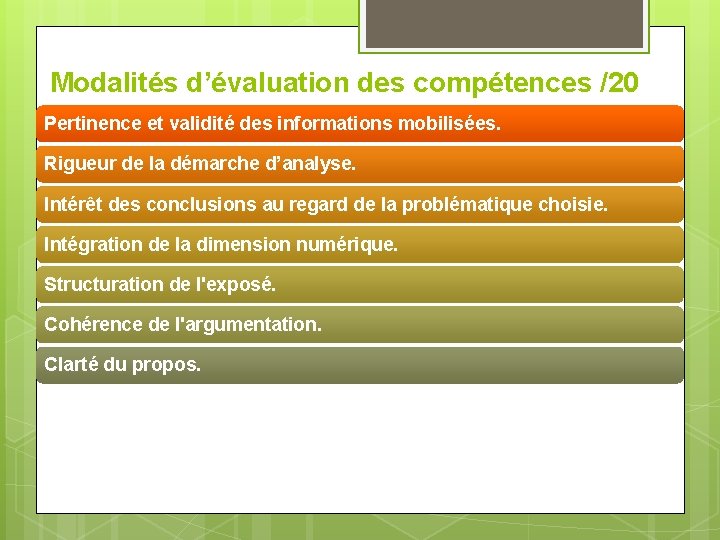 Modalités d’évaluation des compétences /20 Pertinence et validité des informations mobilisées. Rigueur de la