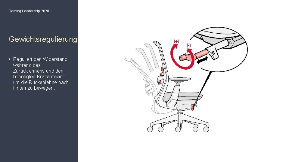 Seating Leadership 2020 Gewichtsregulierung • Reguliert den Widerstand während des Zurücklehnens und den benötigten