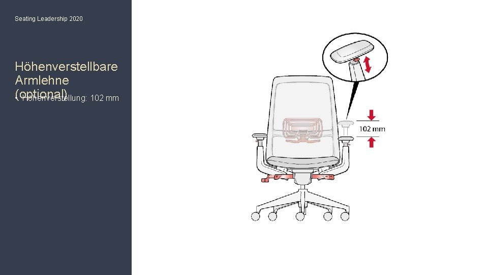 Seating Leadership 2020 Höhenverstellbare Armlehne • (optional) Höhenverstellung: 102 mm 