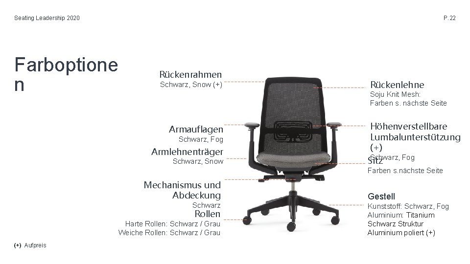 Seating Leadership 2020 P. 22 Farboptione n Rückenrahmen Schwarz, Snow (+) Rückenlehne Soju Knit