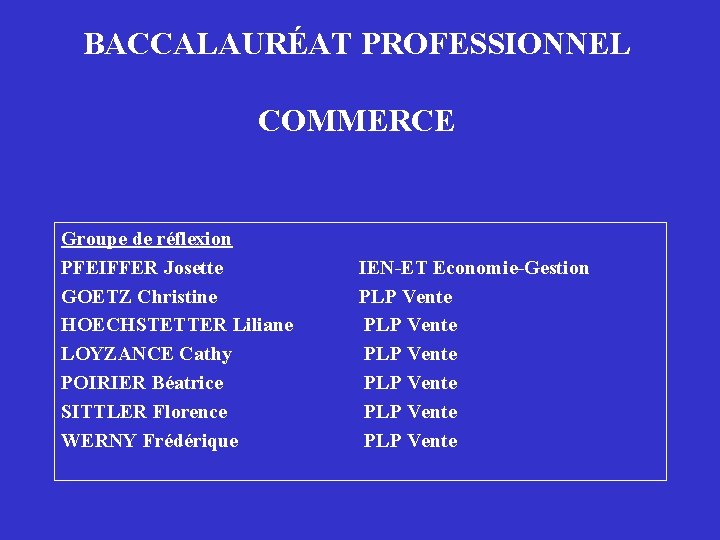 BACCALAURÉAT PROFESSIONNEL COMMERCE Groupe de réflexion PFEIFFER Josette GOETZ Christine HOECHSTETTER Liliane LOYZANCE Cathy