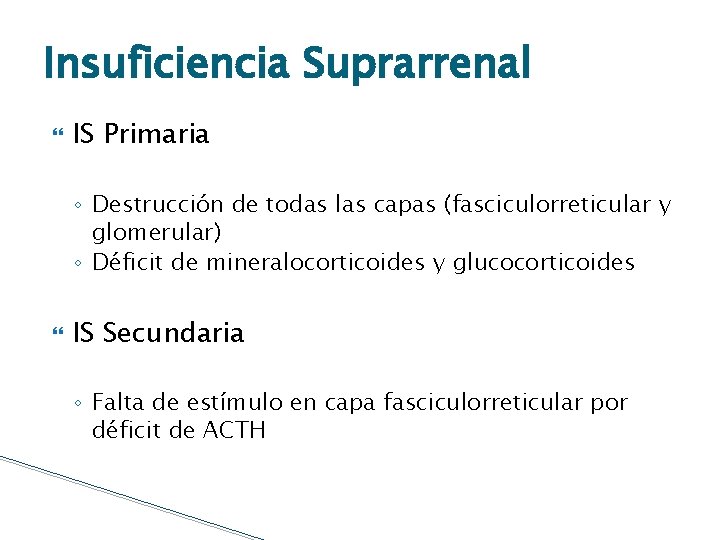 Insuficiencia Suprarrenal IS Primaria ◦ Destrucción de todas las capas (fasciculorreticular y glomerular) ◦