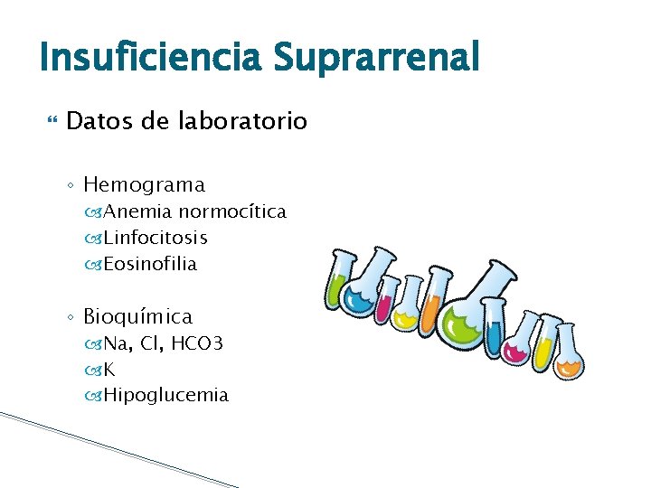 Insuficiencia Suprarrenal Datos de laboratorio ◦ Hemograma Anemia normocítica Linfocitosis Eosinofilia ◦ Bioquímica Na,