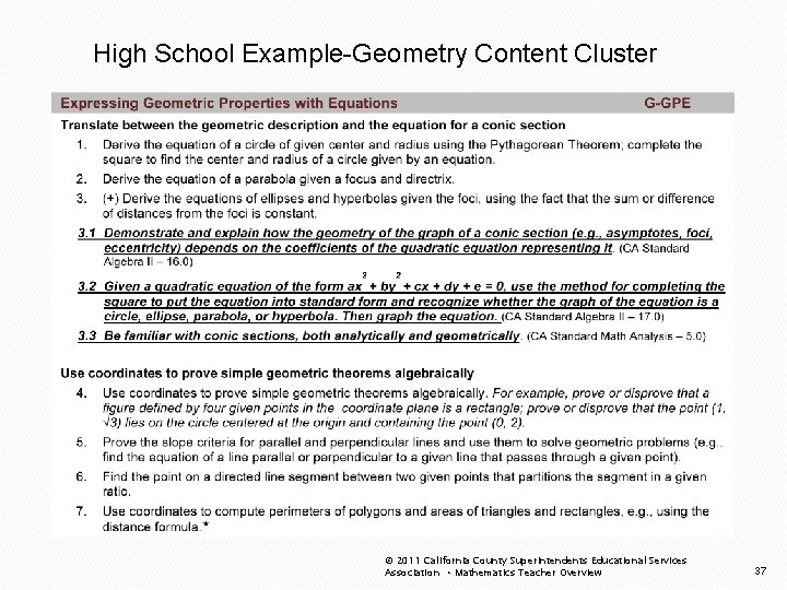 High School Example-Geometry Content Cluster © 2011 California County Superintendents Educational Services Association •
