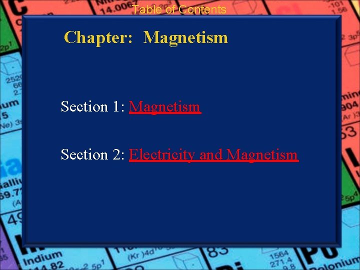 Table of Contents Chapter: Magnetism Section 1: Magnetism Section 2: Electricity and Magnetism 