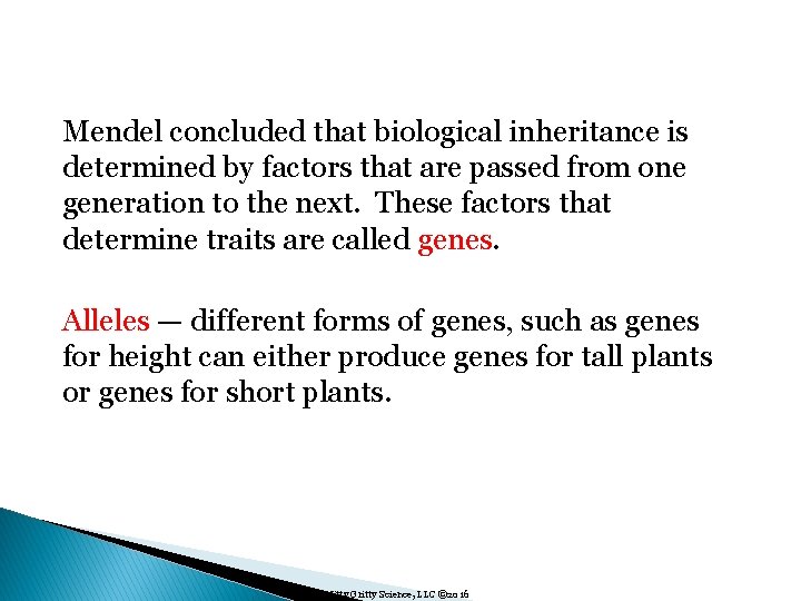 Mendel concluded that biological inheritance is determined by factors that are passed from one