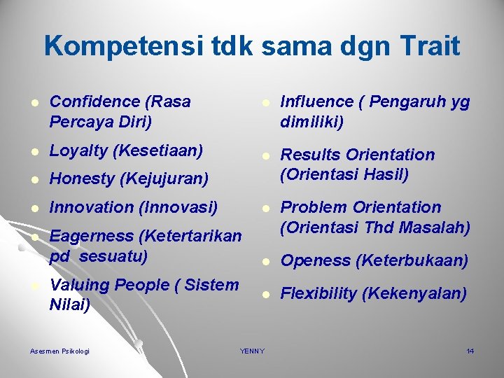 Kompetensi tdk sama dgn Trait l Confidence (Rasa Percaya Diri) l Loyalty (Kesetiaan) l