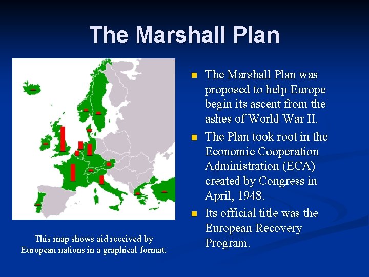 The Marshall Plan n This map shows aid received by European nations in a
