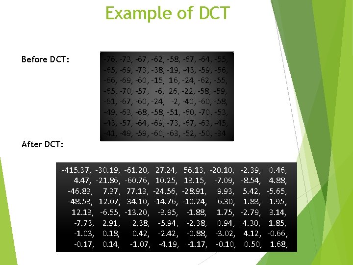 Example of DCT Before DCT: -76, -73, -67, -62, -58, -67, -64, -55, -69, Example of DCT Before DCT: -76, -73, -67, -62, -58, -67, -64, -55, -69,