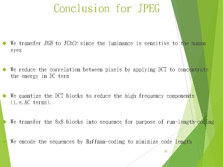 Conclusion for JPEG We transfer RGB to YCb. Cr since the luminance is sensitive Conclusion for JPEG We transfer RGB to YCb. Cr since the luminance is sensitive