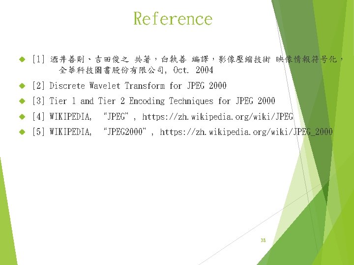 Reference [1] 酒井善則、吉田俊之 共著，白執善 編譯，影像壓縮技術 映像情報符号化， 全華科技圖書股份有限公司, Oct. 2004 [2] Discrete Wavelet Transform for
