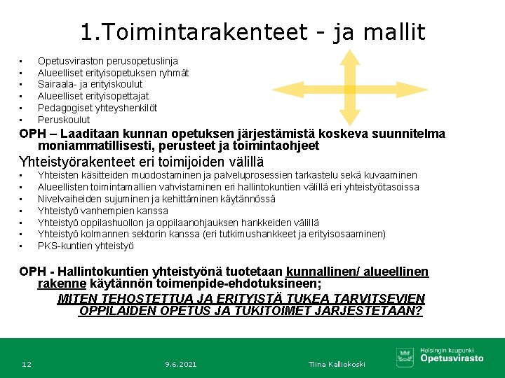 1. Toimintarakenteet - ja mallit • • • Opetusviraston perusopetuslinja Alueelliset erityisopetuksen ryhmät Sairaala-