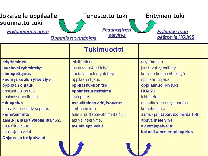 Jokaiselle oppilaalle suunnattu tuki Tehostettu tuki Pedagoginen arvio Oppimissuunnitelma Erityinen tuki Pedagoginen selvitys Erityisen