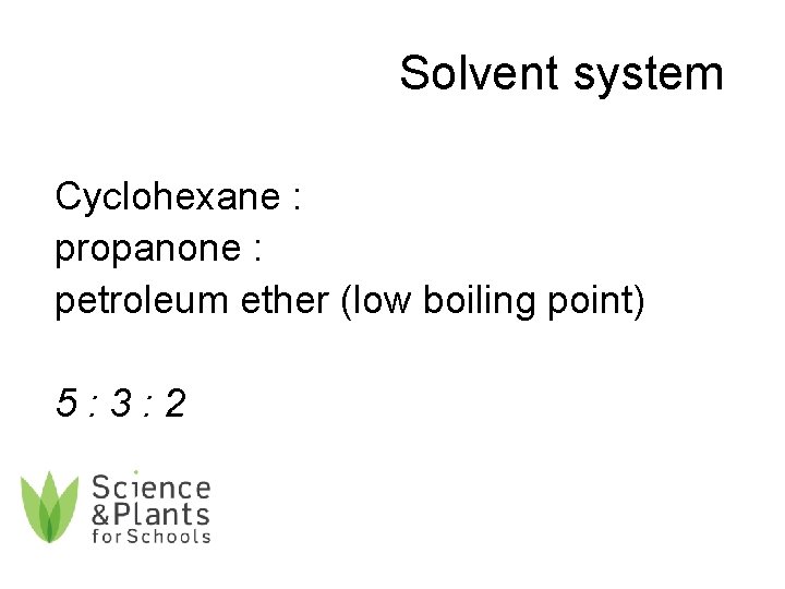 Solvent system Cyclohexane : propanone : petroleum ether (low boiling point) 5: 3: 2