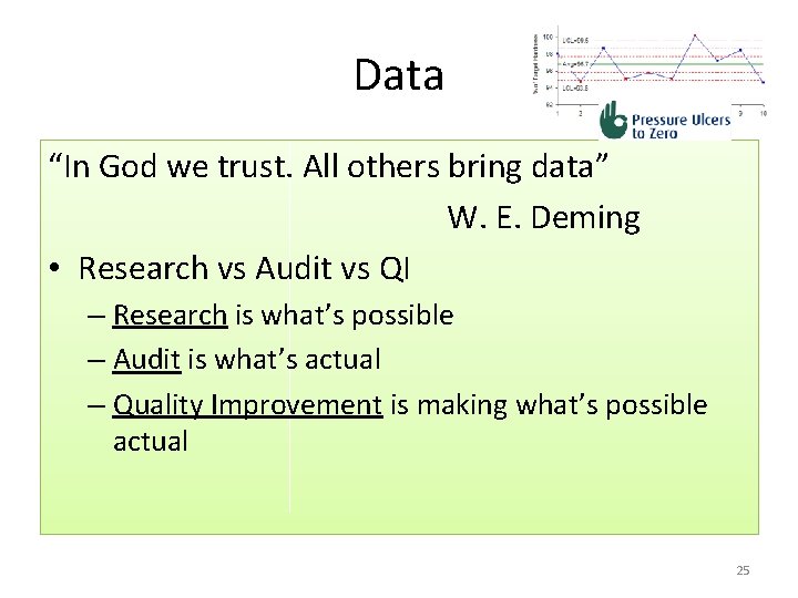 Data “In God we trust. All others bring data” W. E. Deming • Research