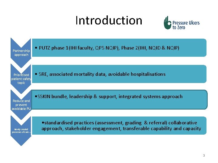 Introduction Partnership approach Prioritised patient safety topic Reduce and prevent avoidable PU Newly created