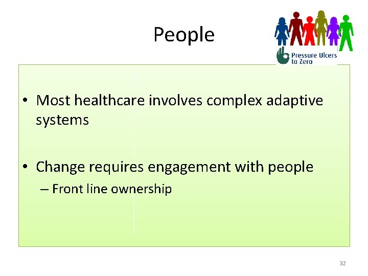 People • Most healthcare involves complex adaptive systems • Change requires engagement with people