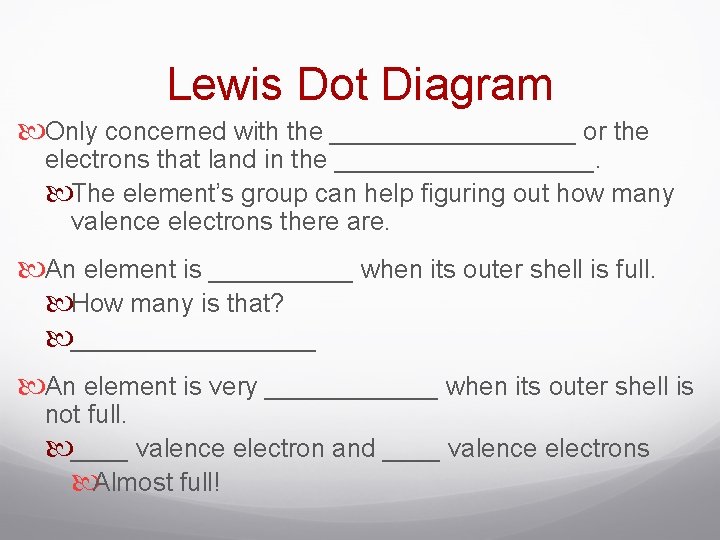 Lewis Dot Diagram Only concerned with the _________ or the electrons that land in