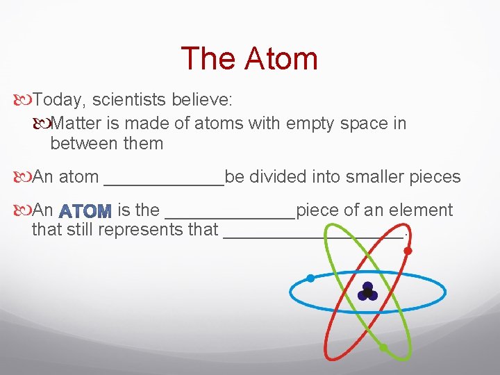 The Atom Today, scientists believe: Matter is made of atoms with empty space in