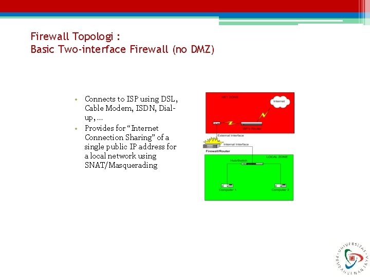 Firewall Topologi : Basic Two-interface Firewall (no DMZ) • Connects to ISP using DSL,