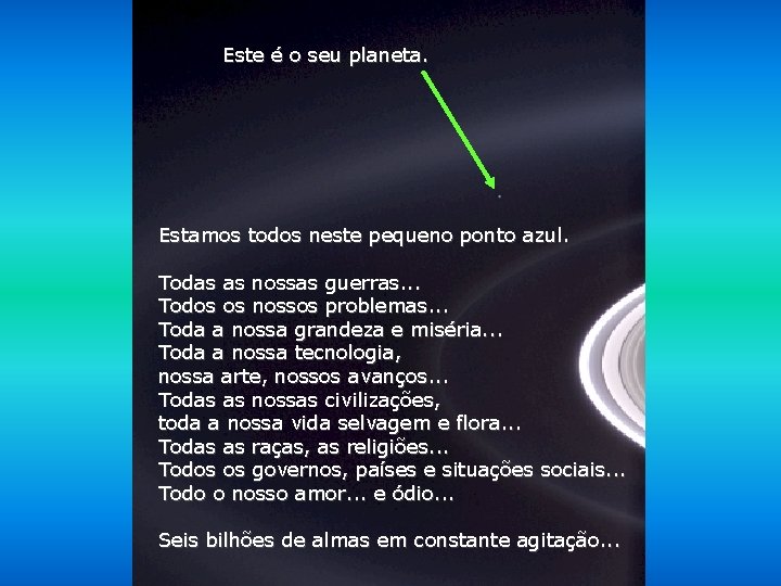 Este é o seu planeta. Estamos todos neste pequeno ponto azul. Todas as nossas