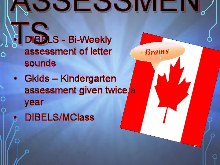 ASSESSMEN TS • DIBELS - Bi-Weekly assessment of letter sounds Brains • Gkids –