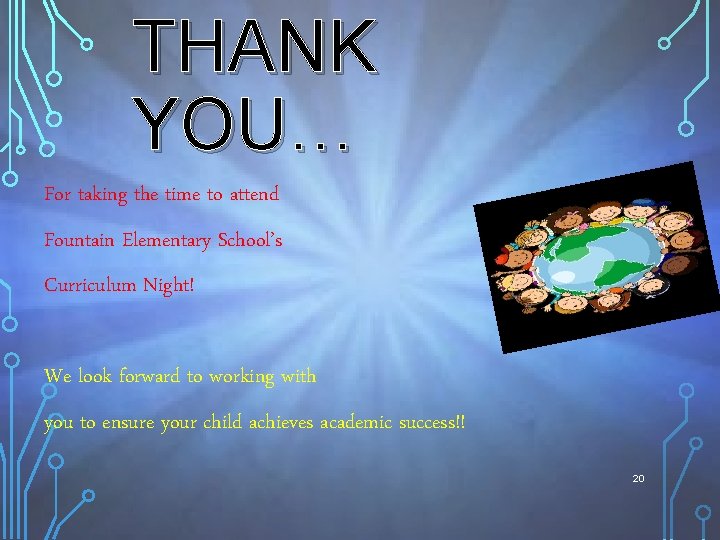 THANK YOU… For taking the time to attend Fountain Elementary School’s Curriculum Night! We