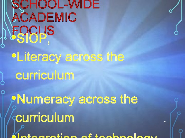 SCHOOL-WIDE ACADEMIC FOCUS • SIOP, • Literacy across the curriculum • Numeracy across the