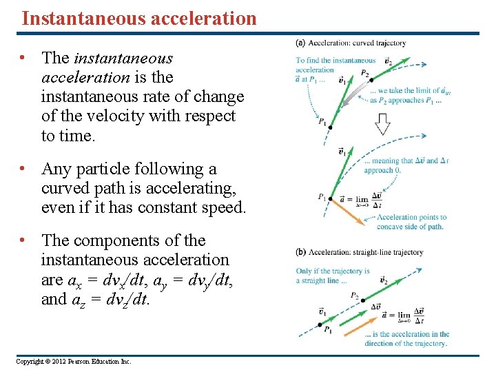 Instantaneous acceleration • The instantaneous acceleration is the instantaneous rate of change of the