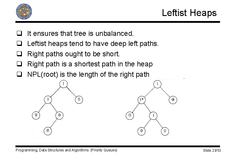 Leftist Heaps q q q It ensures that tree is unbalanced. Leftist heaps tend