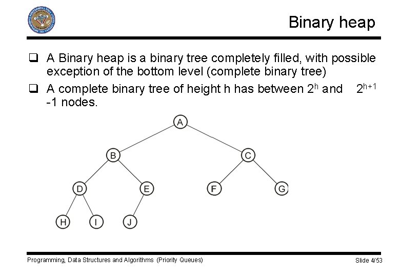 Binary heap q A Binary heap is a binary tree completely filled, with possible