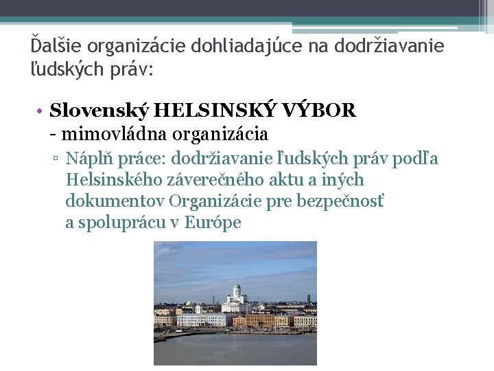 Ďalšie organizácie dohliadajúce na dodržiavanie ľudských práv: • Slovenský HELSINSKÝ VÝBOR - mimovládna organizácia