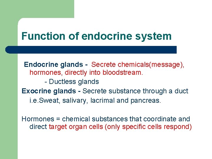 Function of endocrine system Endocrine glands - Secrete chemicals(message), hormones, directly into bloodstream. -