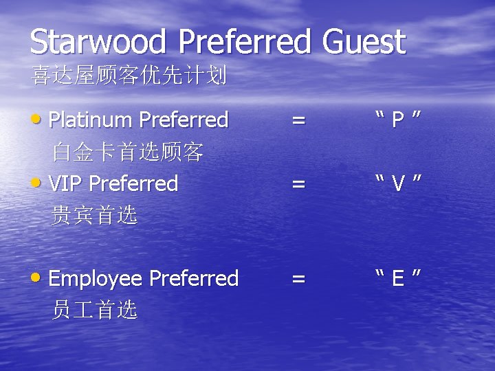 Starwood Preferred Guest 喜达屋顾客优先计划 • Platinum Preferred = “P” 白金卡首选顾客 • VIP Preferred 贵宾首选