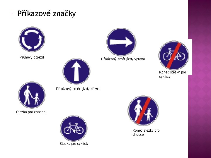  Příkazové značky Kruhový objezd Přikázaný směr jízdy vpravo Konec stezky pro cyklisty Přikázaný