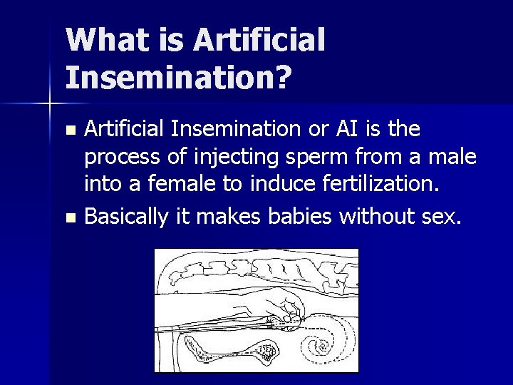 What is Artificial Insemination? Artificial Insemination or AI is the process of injecting sperm What is Artificial Insemination? Artificial Insemination or AI is the process of injecting sperm