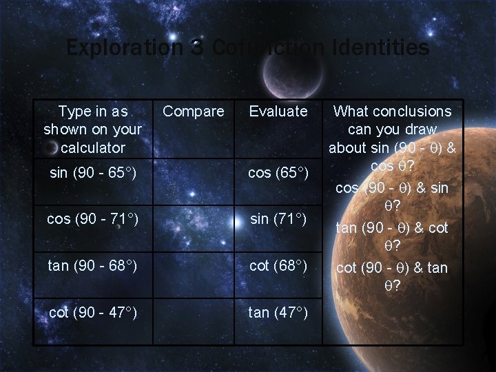 Exploration 3 Cofunction Identities Type in as shown on your calculator Compare Evaluate sin