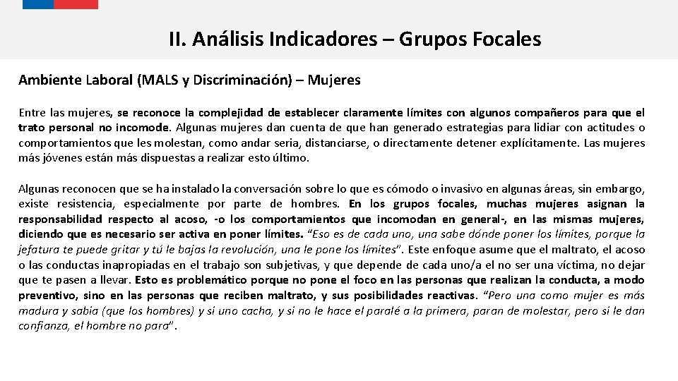II. Análisis Indicadores – Grupos Focales Ambiente Laboral (MALS y Discriminación) – Mujeres Entre