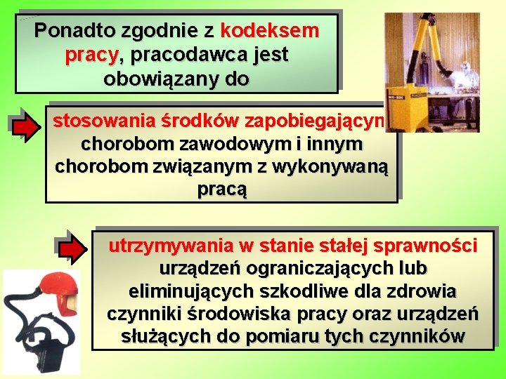 Ponadto zgodnie z kodeksem pracy, pracodawca jest obowiązany do stosowania środków zapobiegającym chorobom zawodowym