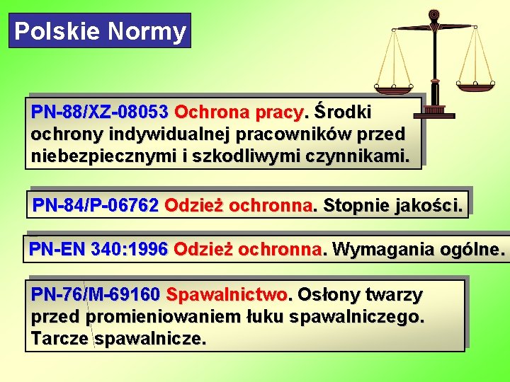 Polskie Normy PN-88/XZ-08053 Ochrona pracy. Środki ochrony indywidualnej pracowników przed niebezpiecznymi i szkodliwymi czynnikami.