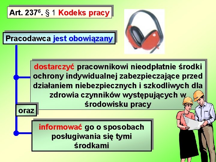 Art. 2376. § 1 Kodeks pracy Pracodawca jest obowiązany dostarczyć pracownikowi nieodpłatnie środki ochrony