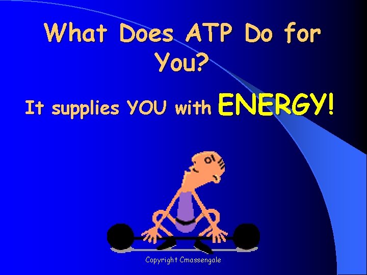 What Does ATP Do for You? It supplies YOU with ENERGY! Copyright Cmassengale 