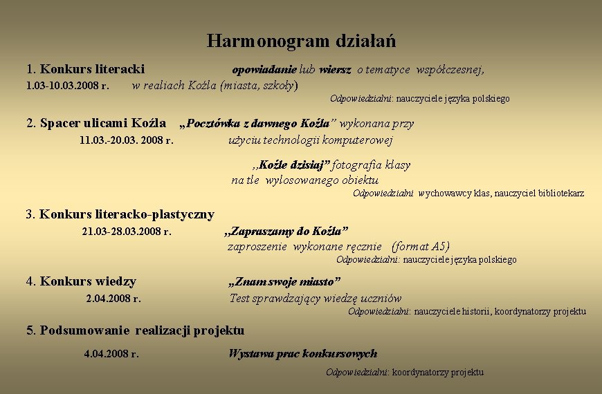 Harmonogram działań 1. Konkurs literacki 1. 03 -10. 03. 2008 r. opowiadanie lub wiersz