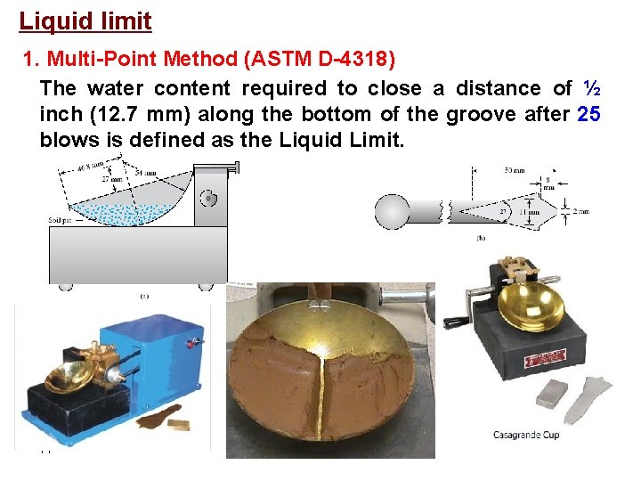 Liquid limit 1. Multi-Point Method (ASTM D-4318) The water content required to close a
