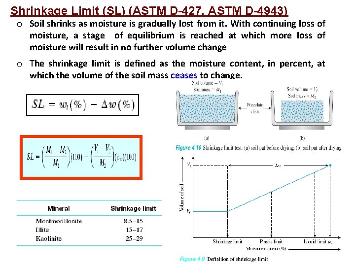 Shrinkage Limit (SL) (ASTM D-427, ASTM D-4943) o Soil shrinks as moisture is gradually