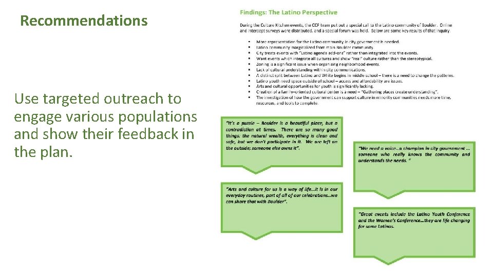 Recommendations Use targeted outreach to engage various populations and show their feedback in the